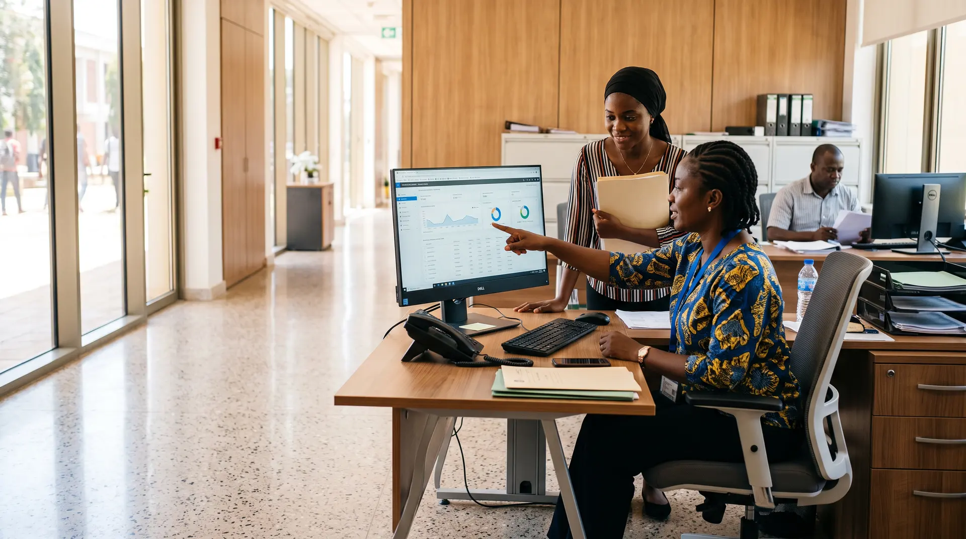 A records officer and a student reviewing a student record on screen